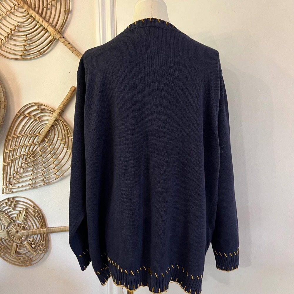 Vintage Navy Blue Cotton Sunflower Embroidered Cardigan Sweater 1X - Picture 7 of 10